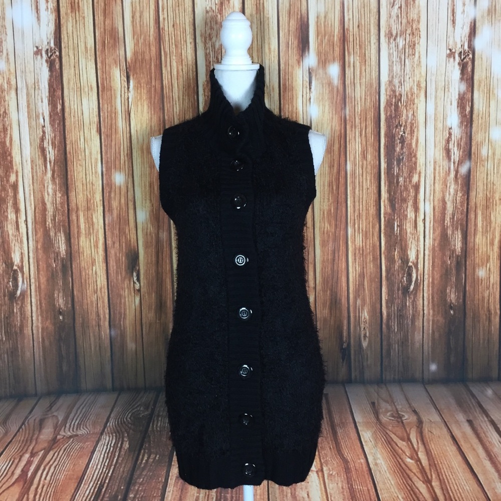 Alfani Black Fuzzy Cozy Button Up Turtle Neck Vest